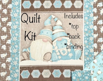 I Love Sn&#39; Gnomies Quilt Kit, 2-ply Printed gnome Flannel Fabric, beige tan blue, panel, borders, binding & back, Christmas, by Henry Glass