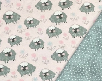 Sheep pink gray flannel fabric, baby girl fabric, field of flowers,  quilting blanket flannel, baby gift, sold by the yard