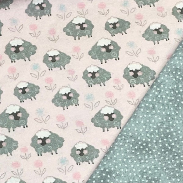 Sheep pink gray flannel fabric, baby girl fabric, field of flowers,  quilting blanket flannel, baby gift, sold by the yard