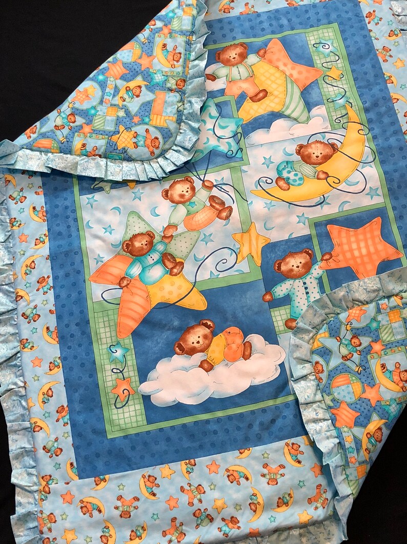 Sale Teddy Bear Baby Crib Quilt Unfinished Blue Green Orange Etsy