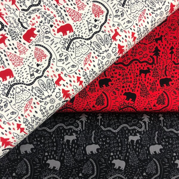 Wild at Heart, moose bear, paw prints, The great outdoors, trees, fish,tee pee cotton fabric red gray black cream,Ready to ship Riley Blake,