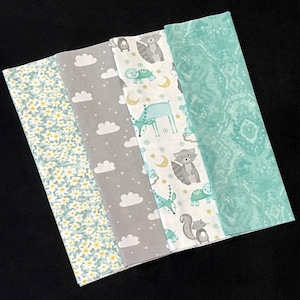 Woodland animals 1/2 yard fabric bundle, fox deer racoon turtle gray clouds, flowers, mint green marble, baby blanket or rag quilt fabric