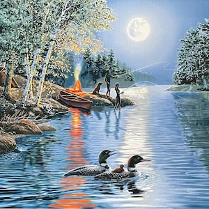 Angler&#39;s Moon Fishing fabric panel, ducks swimming, lake side fabric, weekend get away, trees, row boat, camp fire, wilderness moonlight