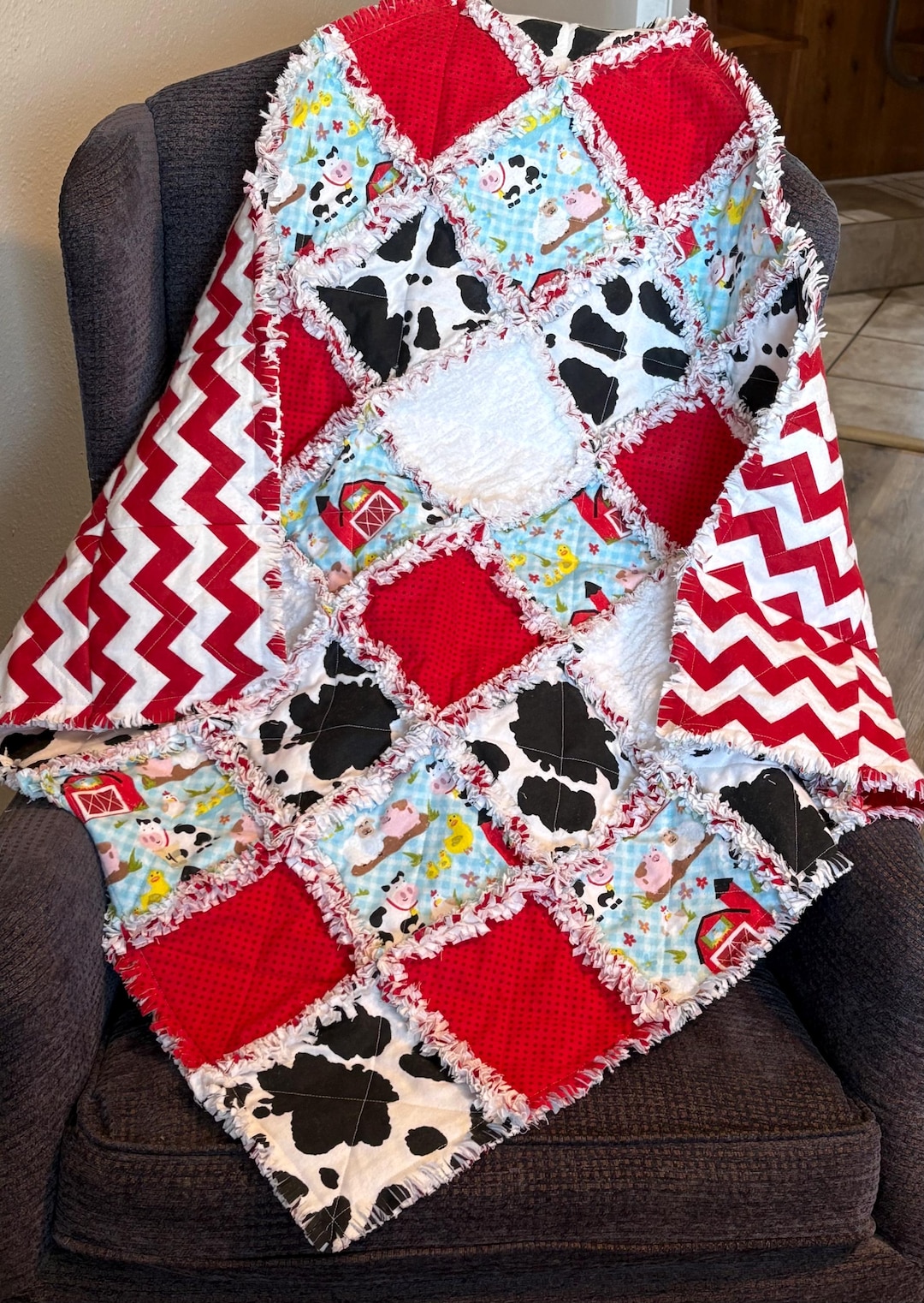 Cow Pig Sheep Farm Rag Quilt Kit, 7