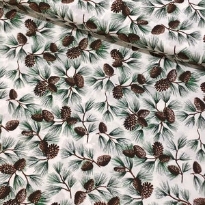 Christmas Pinecone, tree branches, brown green, acorn woodland, Holiday outdoor adventure quilt fabric, tree, by David Textiles