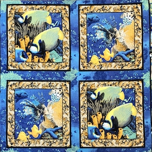 4 Tropical ocean fish pillow panels, sea fish, Lion Fish, Coral sea shells, sandy beach, pillow panel, quilting fabric panel, 1 yard panel