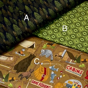 Pine Grove Fabric by Riley Blake Designs, Canoes, Cabin, Camping, Bears, Moose, tossed black pine trees, wilderness outdoors, sold by yard