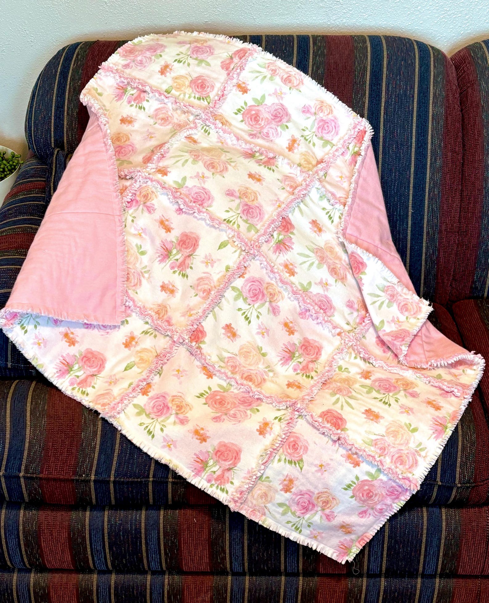 Wish Rag Rose Pink Coral, Vine Flowers, NO CUT Rag Quilt Kit- DIY Floral Flannel ...