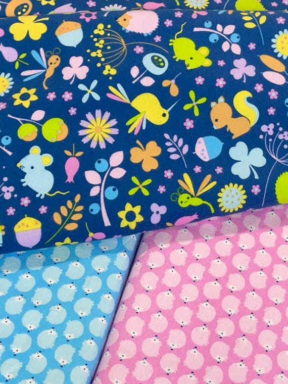 Hedgehog flannel fabric, animal fabric,  pink blue multi colors, baby flannel fabric, infant blanket, cotton fabric, by the yard