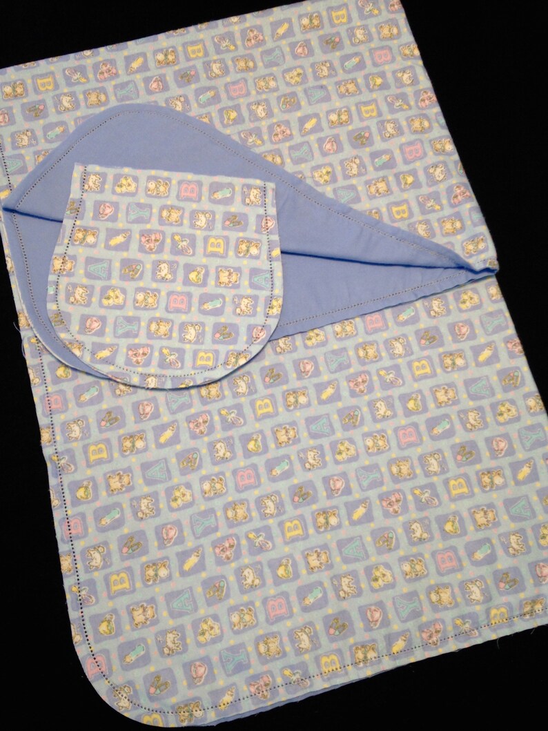 ABC/'s teddy bear reversible 40 x 36 Blue Baby boy Hemstitch Receiving blanket /& burp cloth crochet flannel shower gift bunny lamb