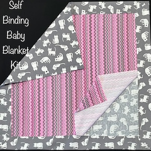 May include: Self Binding Baby Blanket Kit with a gray fabric with white cats and a pink and gray chevron fabric.