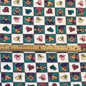 May include: White fabric with a checkered pattern of green and white squares. Each square features a cartoon bear wearing a sailor hat and holding a heart. The hearts are in various colors, including red, pink, yellow, and green.