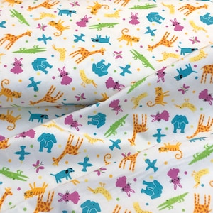 Zoo Circus animals, elephant, lion tiger, alligator, dog bunny, giraffe, flannel fabric, colorful animlas on white, baby cotton fabric, zoo