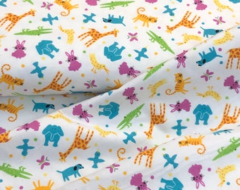 Zoo Circus animals, elephant, lion tiger, alligator, dog bunny, giraffe, flannel fabric, colorful animlas on white, baby cotton fabric, zoo