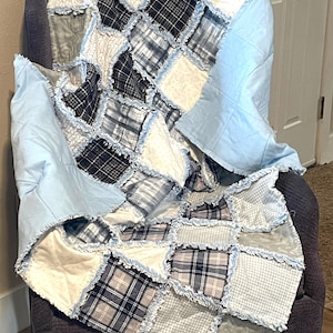 Rag quilt KIT, black white navy blue & gray flannels, 126 -7&quot; squares, plaid, stripe, polka dots, 41x52 DIY, soft flannel LAP rag quilt kit