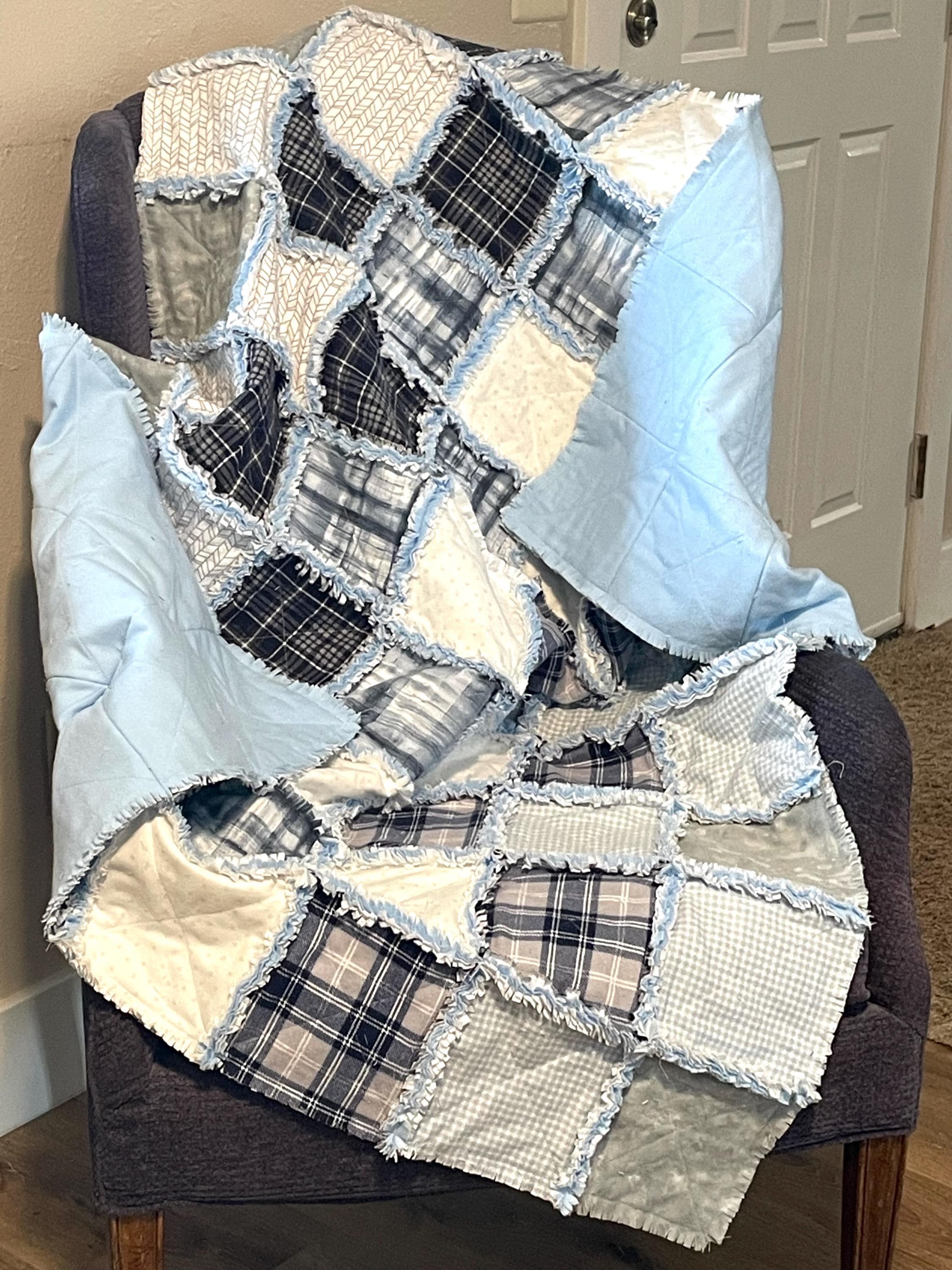Rag quilt KIT, black white navy blue & gray flannels, 126 -7" squares, plaid, stripe, polka dots, 41x52 DIY, soft flannel LAP rag quilt kit