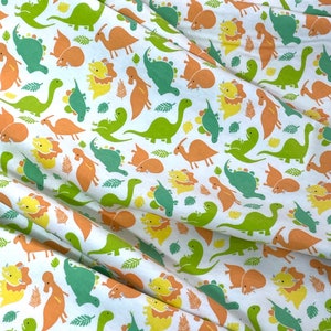 Dinosaur flannel fabric, orange yellow green dinosaurs on white, lime green heart coordinate,  prehistoric fabric, quilting, crafts, sewing