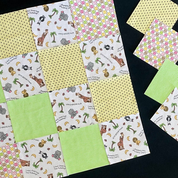 Bazoople friends 7 inch Square quilt blocks, yellow pink green, polka dots, zebra lion elephant, pre cut patchwork flannel squares for top