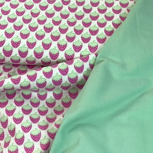 strawberry pink green flannel, strawberries, green white check flannel, fruit flannel, berry fabric, top quality soft flannel, by the yard