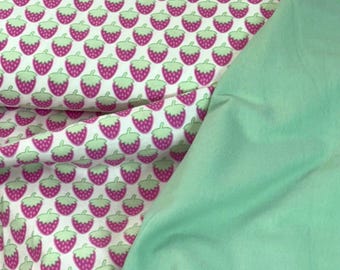 strawberry pink green flannel, strawberries, green white check flannel, fruit flannel, berry fabric, top quality soft flannel, by the yard