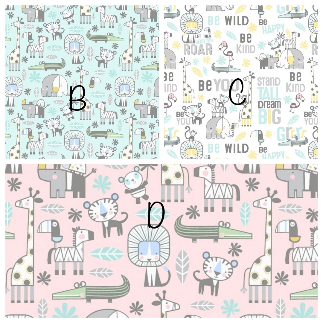 Snuggle in the Jungle Flannel, Elephant Zebra Giraffe Panda, Aqua White