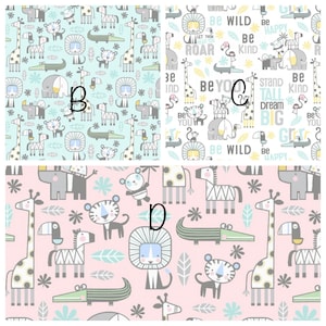 Snuggle in the Jungle Flannel, elephant zebra giraffe Panda, aqua white pink, Dream Big Stand Tall, By Benartex