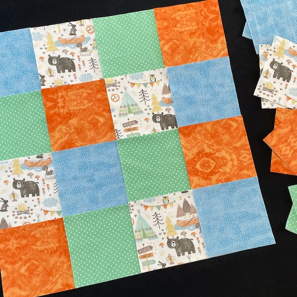 Woodland Bär 72 Quilt Blöcke, vorgeschnittene 18 cm Flanell Stoff Quadrate, Wildnis Tiere, grün orange, Baby Junge, fertiger Quilt ca 36x36