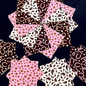 48 Western Cowgirl  7&quot; pre cut square quilt blocks, cream brown Paisley, pink brown polka dots, horse shoe, flannel girl patchwork quilt top