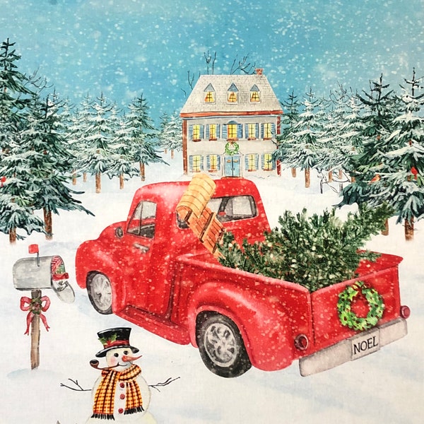 WINTERLAND TRUCK PANEL, old red truck, snowman, snowy winter scene 100% Cotton For Quilting, Sewing, wall hangings, Crafts by David Textiles