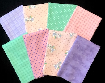 Zestaw 8 różnych wzorów tkanin flanelowych Precious Moments Fat Quarter, kwiaty, róż, fiolet, mięta, zieleń, lawenda, tkanina na pikowaną kołdrę