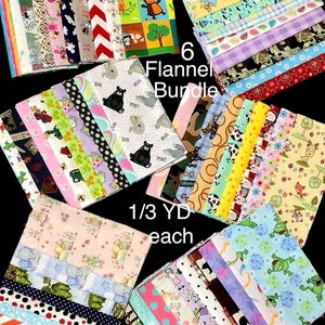 6 Remnant Scrap FLANNEL- 2 yards total - each 1/3 yd cut, top quality fabric design bundle, baby boy girl bibs, quilting, Grab Bag bolt ends