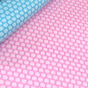 May include: Pink fabric with a repeating pattern of white hedgehogs. The hedgehogs are facing to the right.