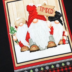 Timber Gnomies FLANNEL fabric panel, by Henry Glass, tan red black white, snowflakes, buffalo plaid, holiday Christmas fabric image 7