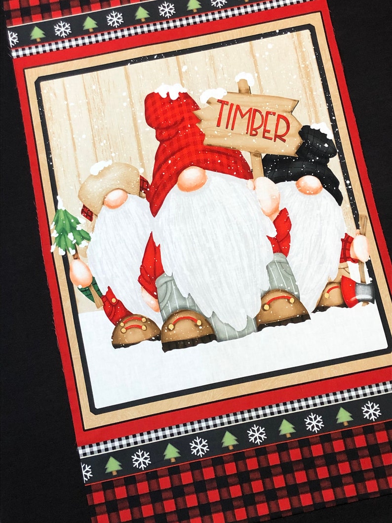 Timber Gnomies FLANNEL fabric panel, by Henry Glass, tan red black white, snowflakes, buffalo plaid, holiday Christmas fabric image 7