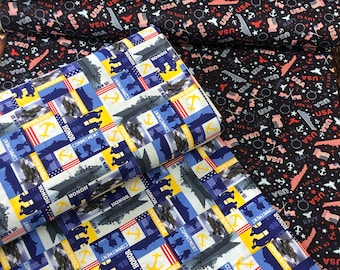Military fabric US Navy, Marines, Airforce, Army, camouflage soldiers, American Flag USA, America, tanks jets ships, Bald Eagle, helicopter