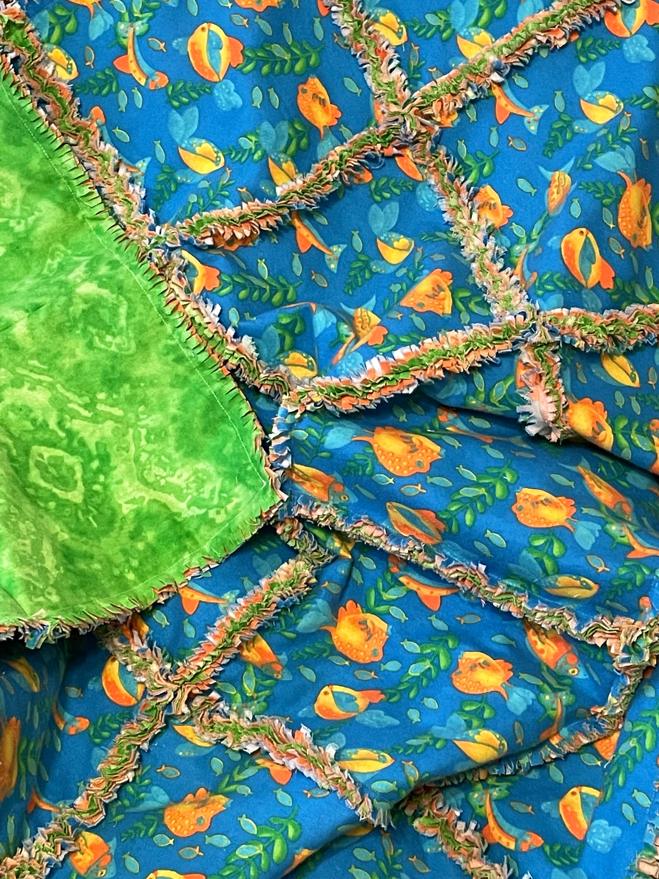Fish Rag Quilt Colorful Fish Rag Quilt, 3 Warm Flannel Layers, 32x37, Bright Blue ...