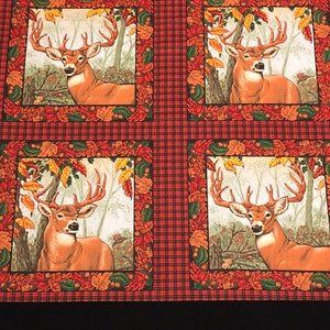 Woodland Deer Fabric panel, Deer pillow panel, Wildlife Fabric, Autumn leaf fabric, plaid red and black fabric, beautiful quilt fabric