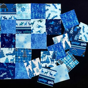May include: A collection of blue and white fabric squares with various winter-themed patterns, including snowflakes, trees, and reindeer. The squares are arranged in a grid pattern and are ready to be sewn together to create a quilt.
