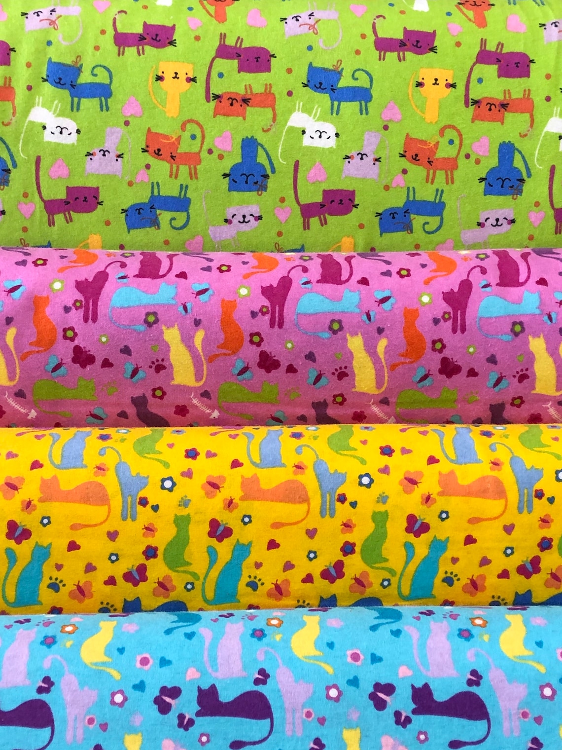 Kitty Cat flannel kitten fabric bright colors blue pink Etsy