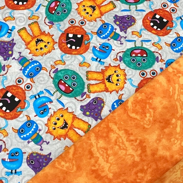 Monster Aliens flannel fabric, boy quilt fabric, colorful, orange yellow green, blue purple, sewing material, quilt fabric, child flannel