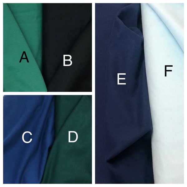 Sweatshirt fleece fabric, navy blue, green, pale blue, dark green, black, sweat suit jacket fabric, cotton polyester blend, warm, sold by yd