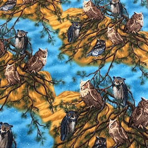 Owls, Bear moose, pine tree fabric, night owl quilt, Wilderness wildlife woodland, Rocky Mountain, Northern exposure, brown blue green