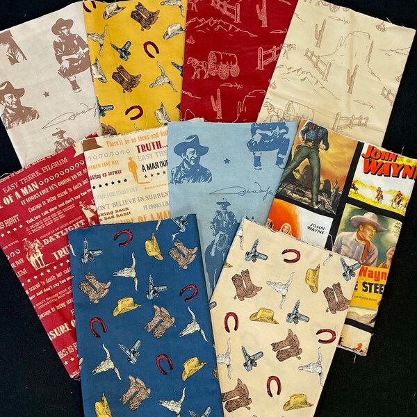 John Wayne  1/4 yard Western fabric bundle cuts, blue red beige yellow, 10 different fabrics, American Hero, The Duke quilt, Riley Blake