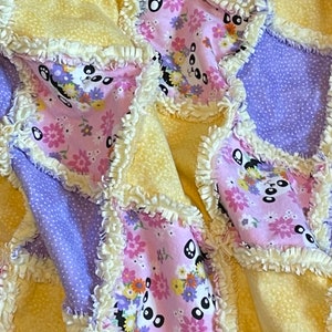 72 Panda Bär Blume 7 inch vorgeschnittene Quadratische FLANNEL Quilt Blöcke, gelbe Blumen, lila Tupfen-Patchwork Quilt Top, Tupfenblasen
