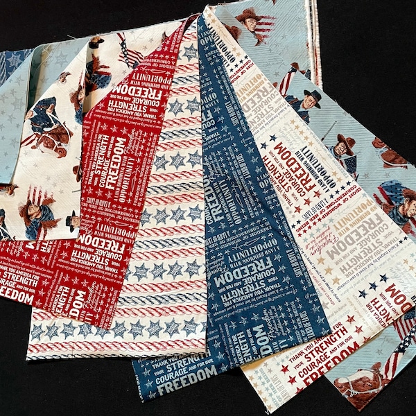 Americana John Wayne 8- 1/4 yd taglio fascio, citazioni di stelle, rosso blu crema Libertà coraggio, bandiera USA Il duca eroe occidentale, sceriffo