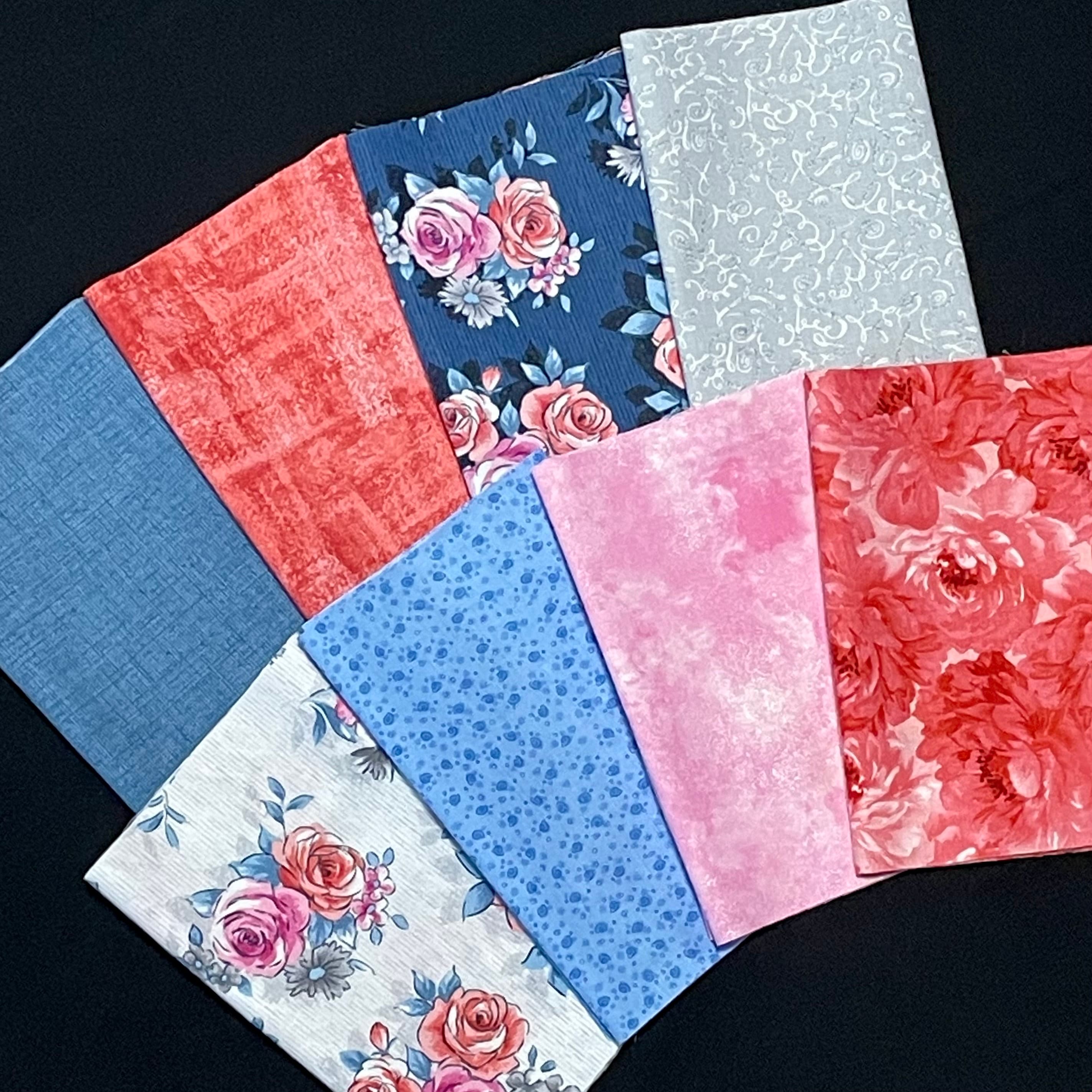 Blue Pink Orange Flower 1/4 Yd Fabric Bundle, Pink Flowers, Blue