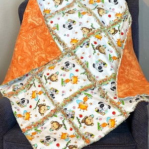 Puppy dog giraffe monkey rag quilt, 3 warm flannel layers, 33x38, orange green white, baby receiving  blanket, gift, or DIY blanket kit