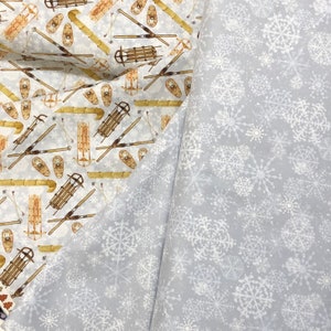 Snowy Woods sleigh runner, snowflakes, cabins Winter Woodland fabric, by Henry Glass, ski, gray tan forest quilting Christmas Holiday fabric
