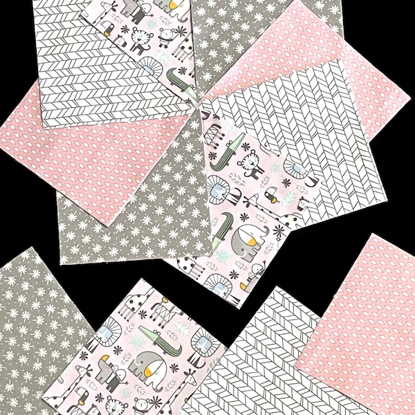 42 Snuggle Jungle pink gray 7"  flannel fabric pre cut square quilt blocks, soft cotton, jungle animals, patchwork rag baby quilt top