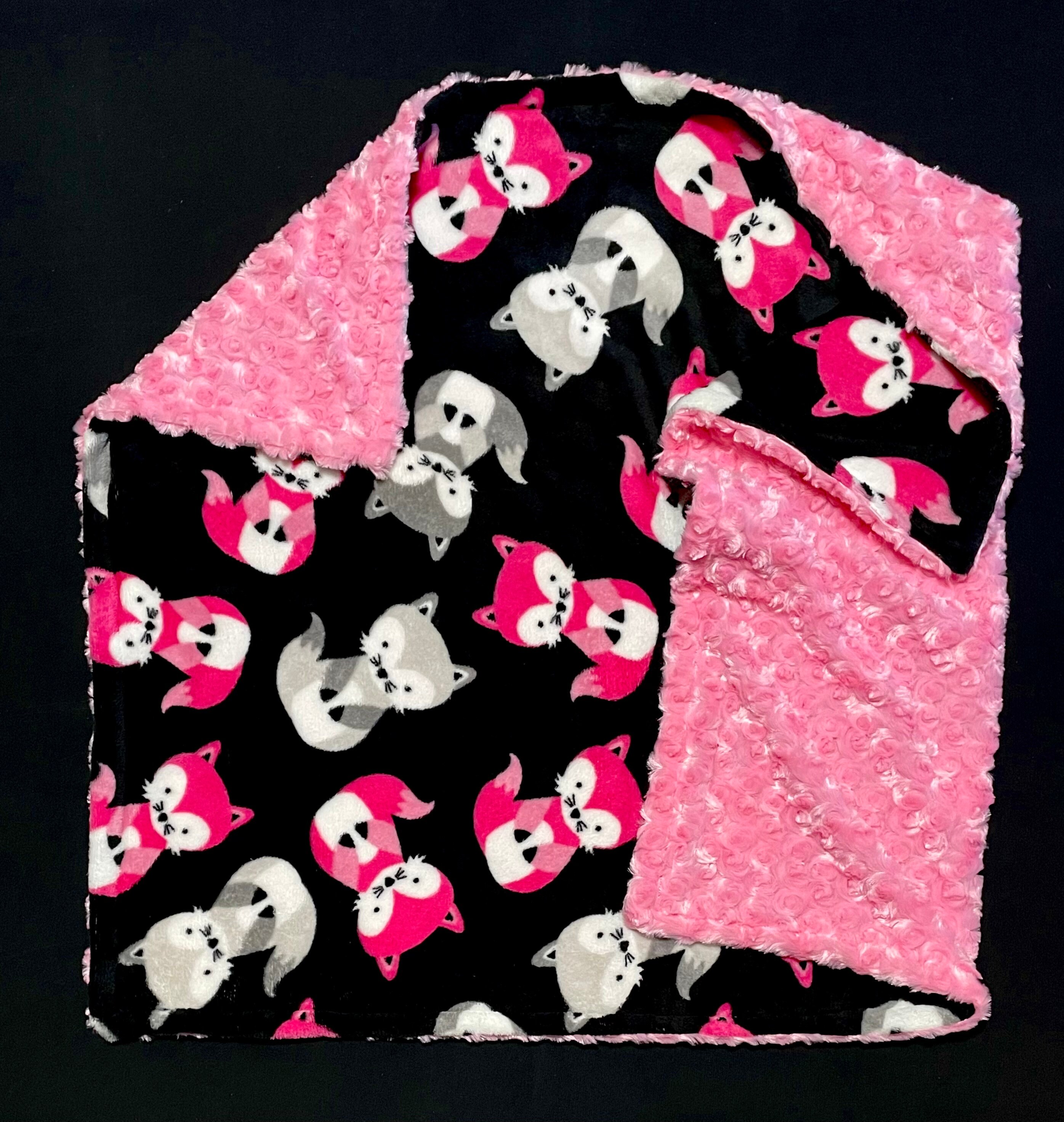 Minky baby blanket, Newborn Pink fox on black, pink rose minky receiving blanket, small carry blanket, warm so cuddly soft smooth 27 x 37